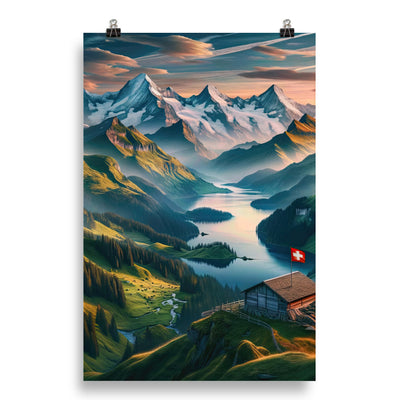 Schweizer Flagge, Alpenidylle: Dämmerlicht, epische Berge und stille Gewässer - Poster berge xxx yyy zzz 50.8 x 76.2 cm