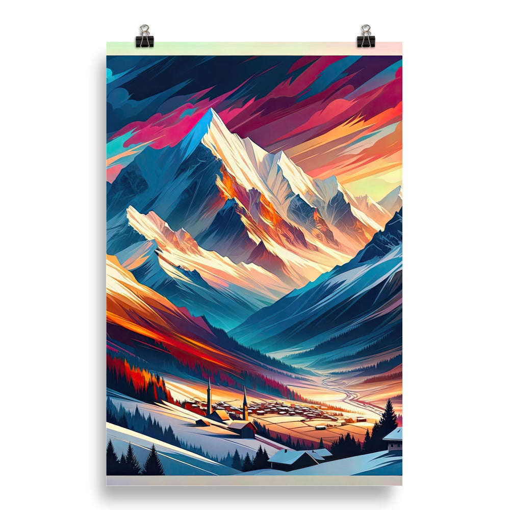 Moderne geometrische Alpen Kunst: Warmer Sonnenuntergangs Schein auf Schneegipfeln - Poster berge xxx yyy zzz 50.8 x 76.2 cm
