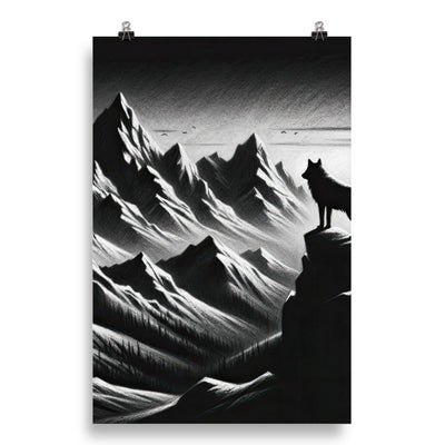 Kohlezeichnung, die die stille Stille der Alpen in der Winterdämmerung verkörpert. Wolf auf einem Berghügel (AN) - Enhanced Matte Paper xxx yyy zzz 50.8 x 76.2 cm