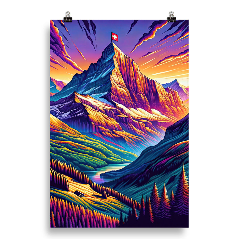 Bergpracht mit Schweizer Flagge: Farbenfrohe Illustration einer Berglandschaft - Poster berge xxx yyy zzz 50.8 x 76.2 cm