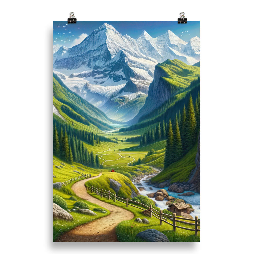 Wanderer in den Bergen und Wald: Digitale Malerei mit grünen kurvenreichen Pfaden - Poster wandern xxx yyy zzz 50.8 x 76.2 cm