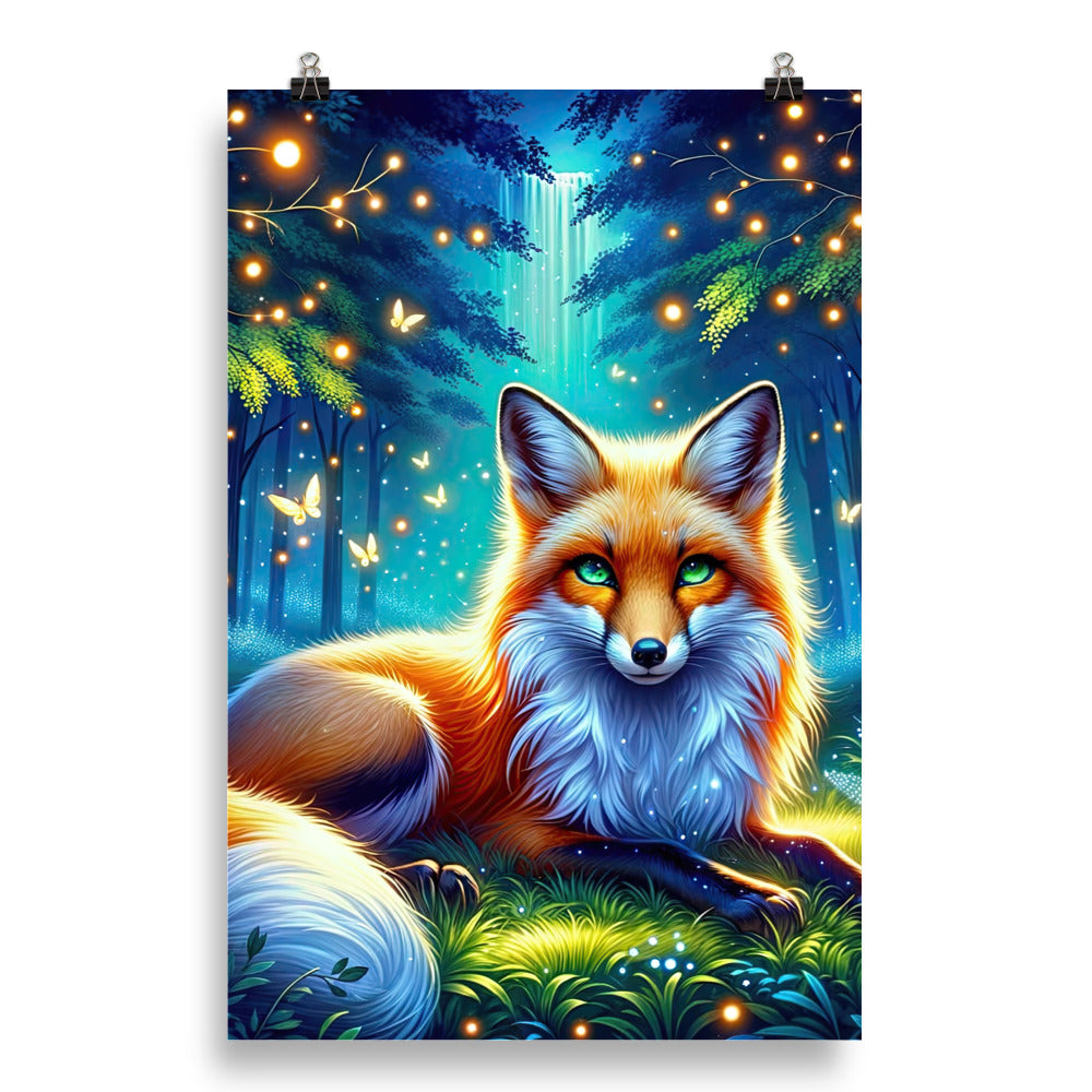 Funkelnder Nachtfuchs auf Waldlichtung mit Feuerwerk - Poster camping xxx yyy zzz 50.8 x 76.2 cm