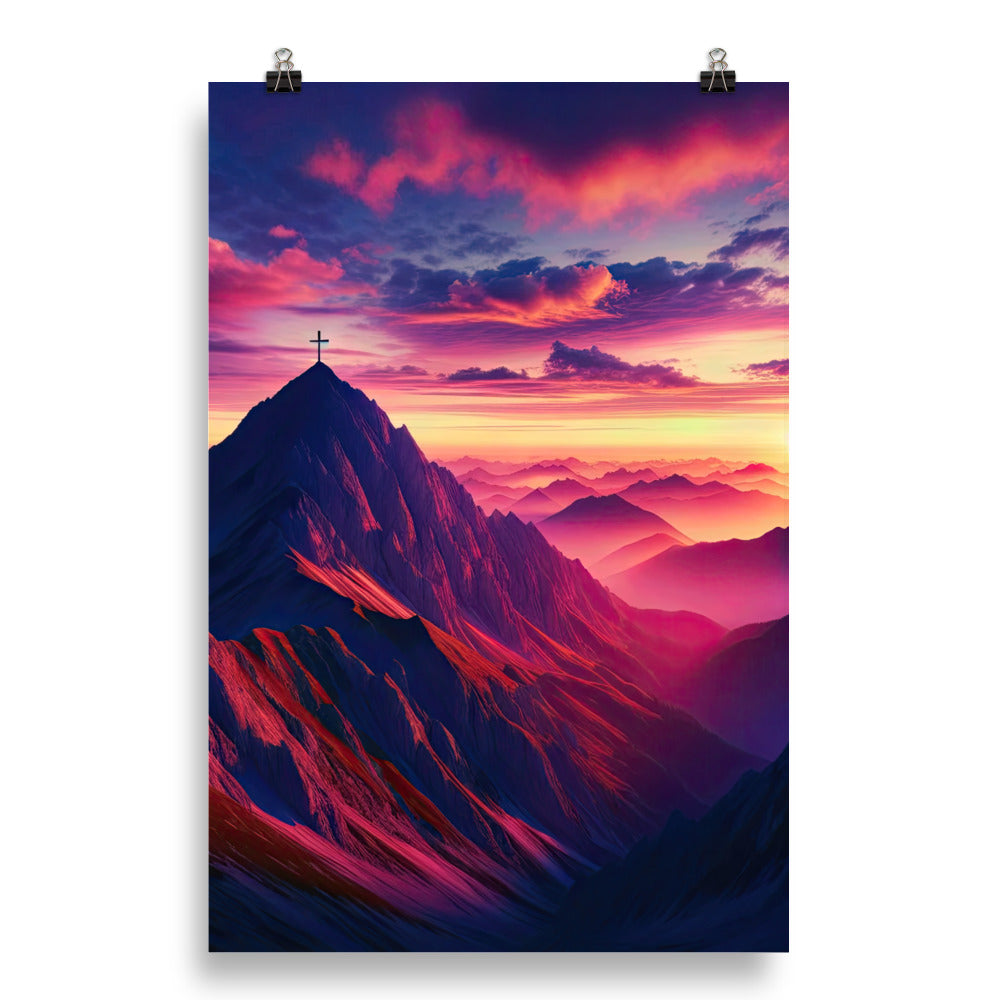 Dramatischer Alpen-Sonnenaufgang, Gipfelkreuz und warme Himmelsfarben - Poster berge xxx yyy zzz 50.8 x 76.2 cm
