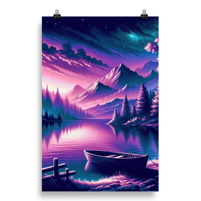 Magische Alpen-Dämmerung, rosa-lila Himmel und Bergsee mit Boot - Poster berge xxx yyy zzz 50.8 x 76.2 cm