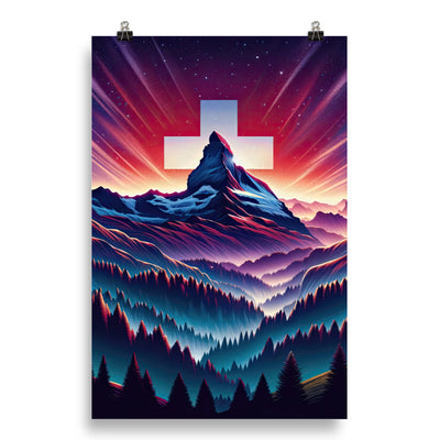 Alpenszene in Dämmerung mit Schweizer Flagge - Poster berge xxx yyy zzz 50.8 x 76.2 cm