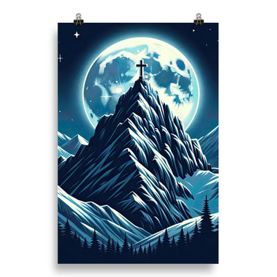 Mondnacht und Gipfelkreuz in den Alpen, glitzernde Schneegipfel - Poster berge xxx yyy zzz 50.8 x 76.2 cm