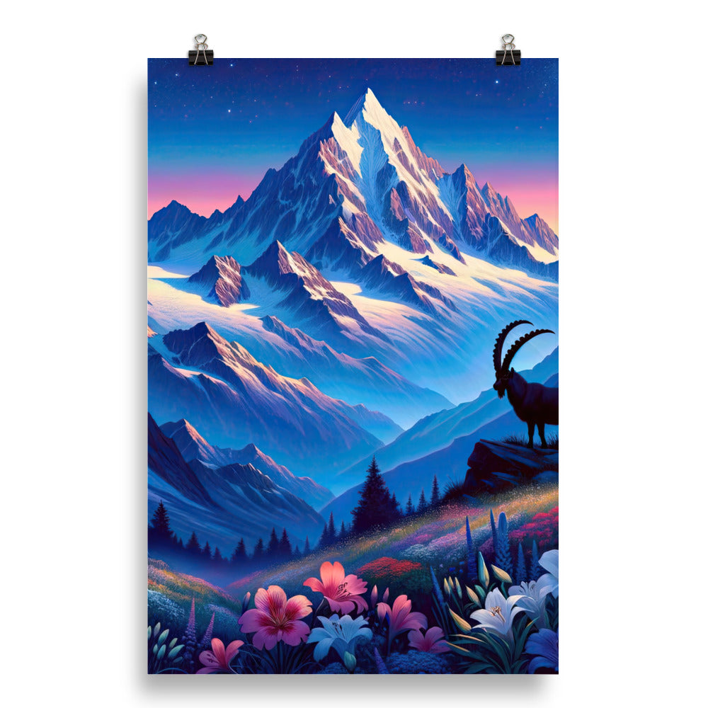 Steinbock bei Dämmerung in den Alpen, sonnengeküsste Schneegipfel - Poster berge xxx yyy zzz 50.8 x 76.2 cm