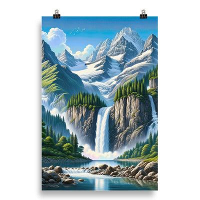 Illustration einer unberührten Alpenkulisse im Hochsommer. Wasserfall und See - Poster berge xxx yyy zzz 50.8 x 76.2 cm