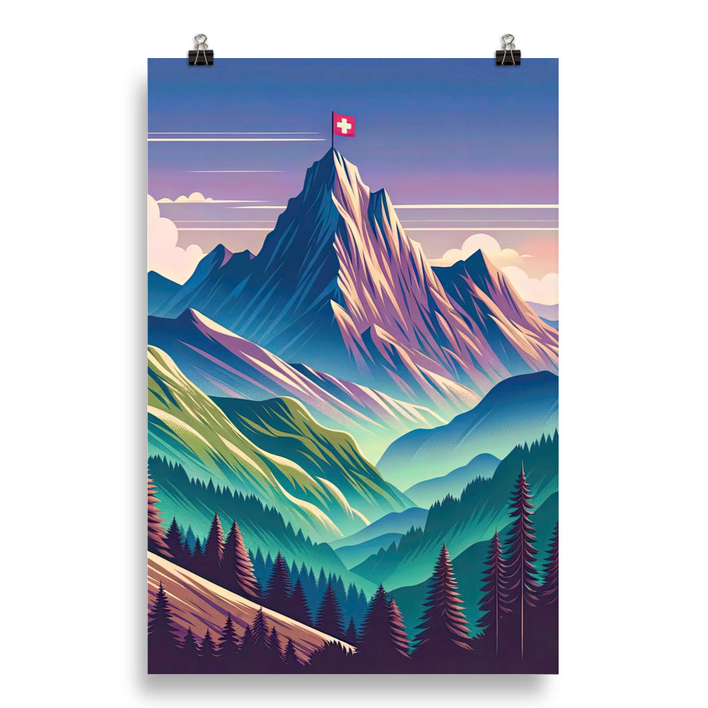 Harmonische Berglandschaft mit Schweizer Flagge auf Gipfel - Poster berge xxx yyy zzz 50.8 x 76.2 cm