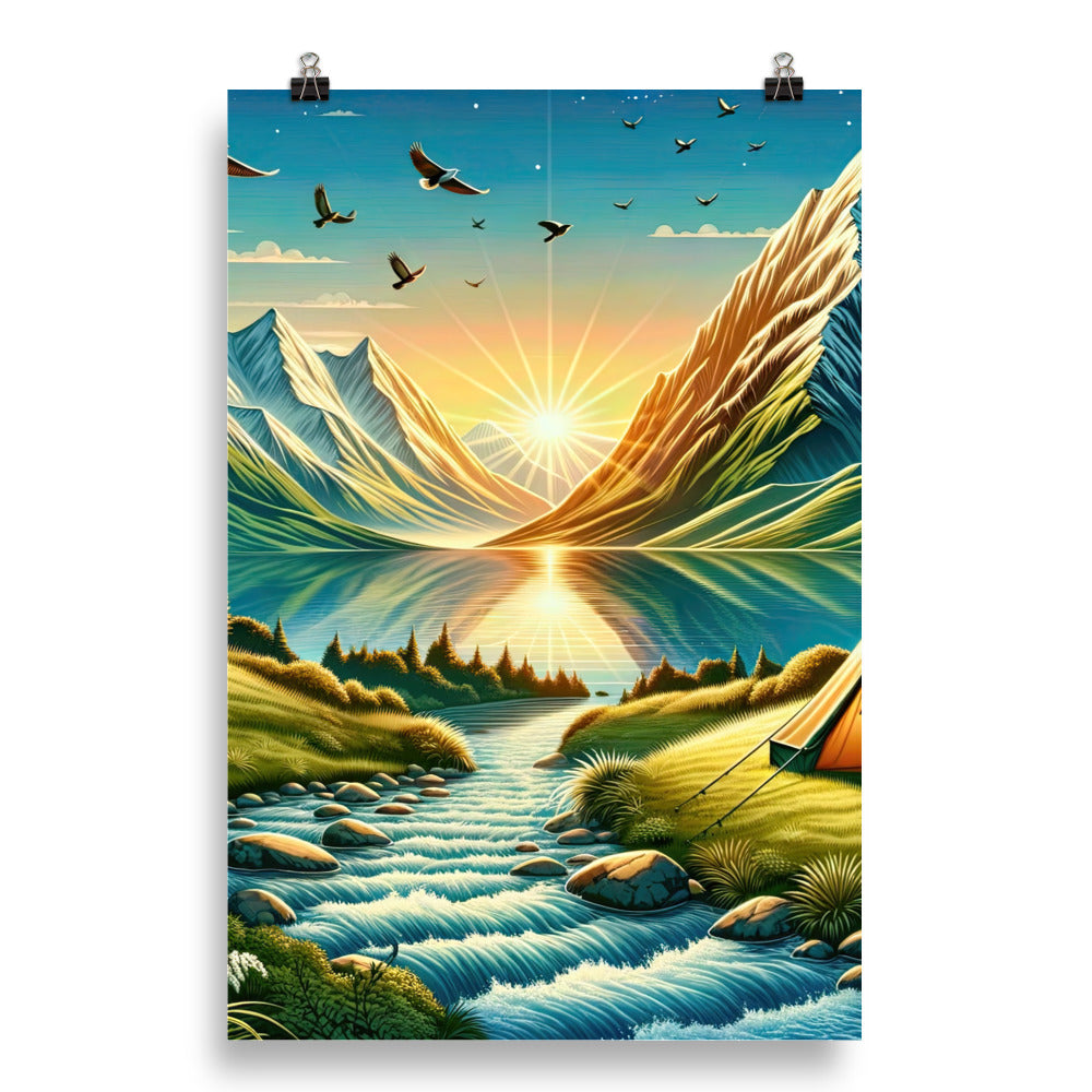 Zelt im Alpenmorgen mit goldenem Licht, Schneebergen und unberührten Seen - Poster berge xxx yyy zzz 50.8 x 76.2 cm