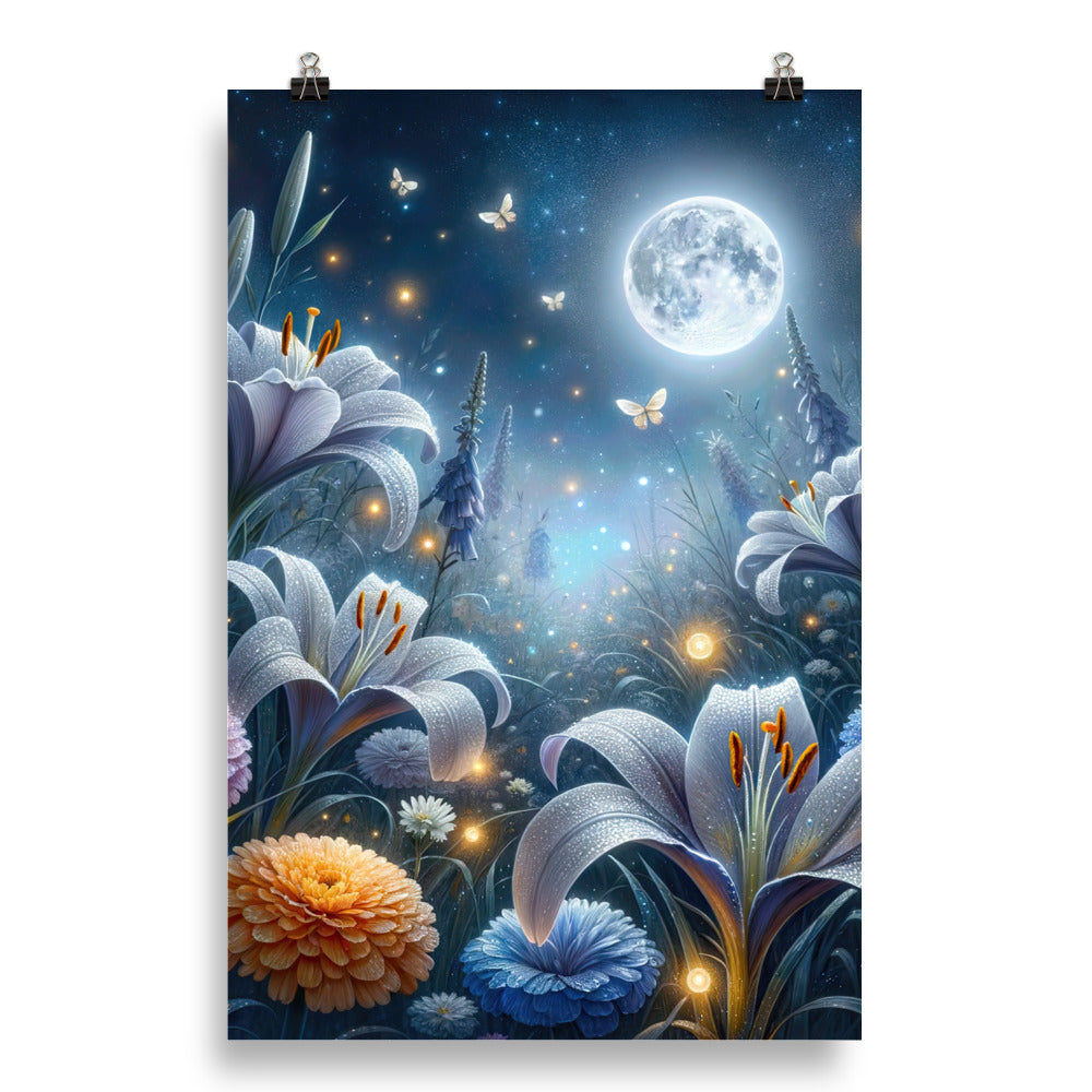 Ätherische Mondnacht auf blühender Wiese, silbriger Blumenglanz - Poster camping xxx yyy zzz 50.8 x 76.2 cm