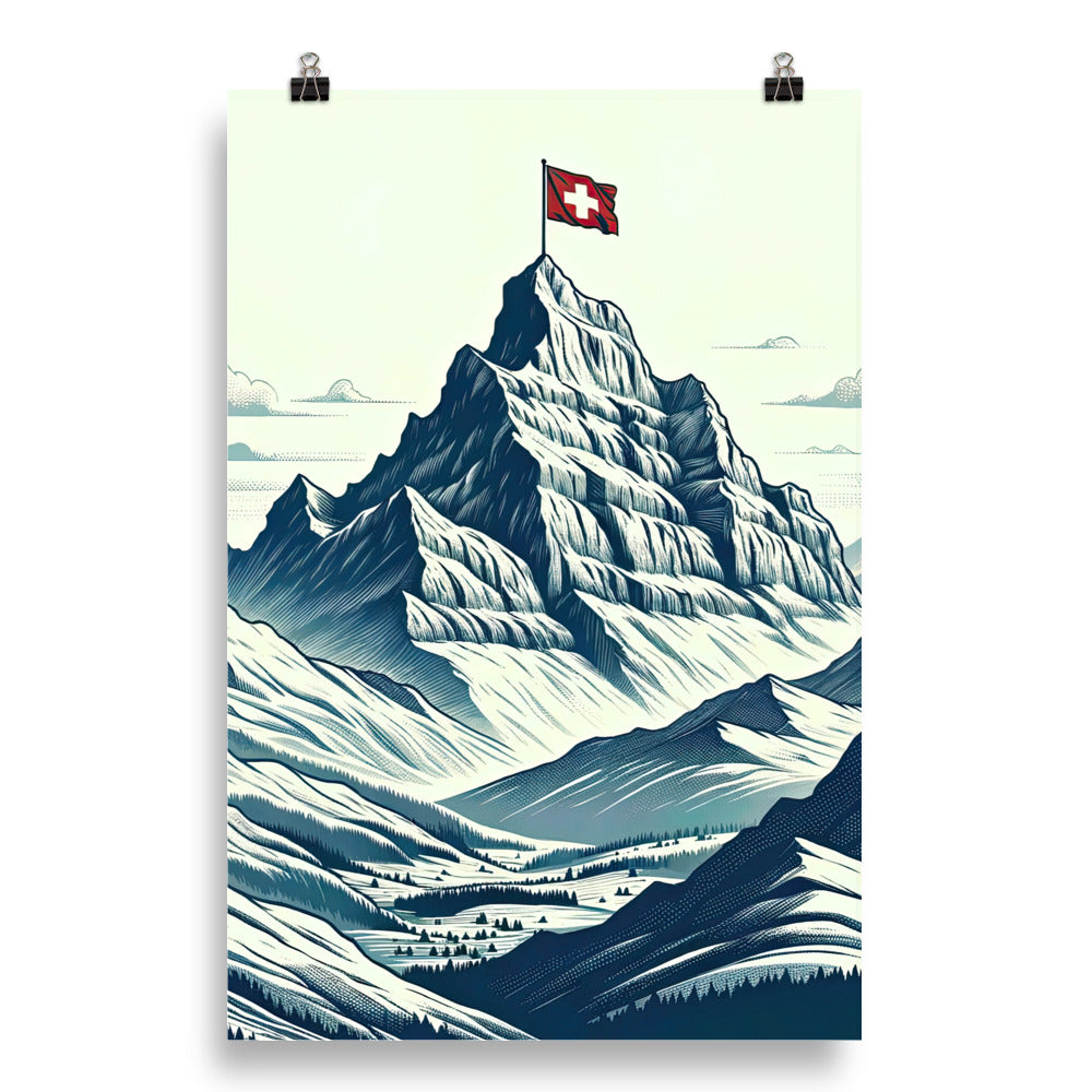 Ausgedehnte Bergkette mit dominierendem Gipfel und wehender Schweizer Flagge - Poster berge xxx yyy zzz 50.8 x 76.2 cm