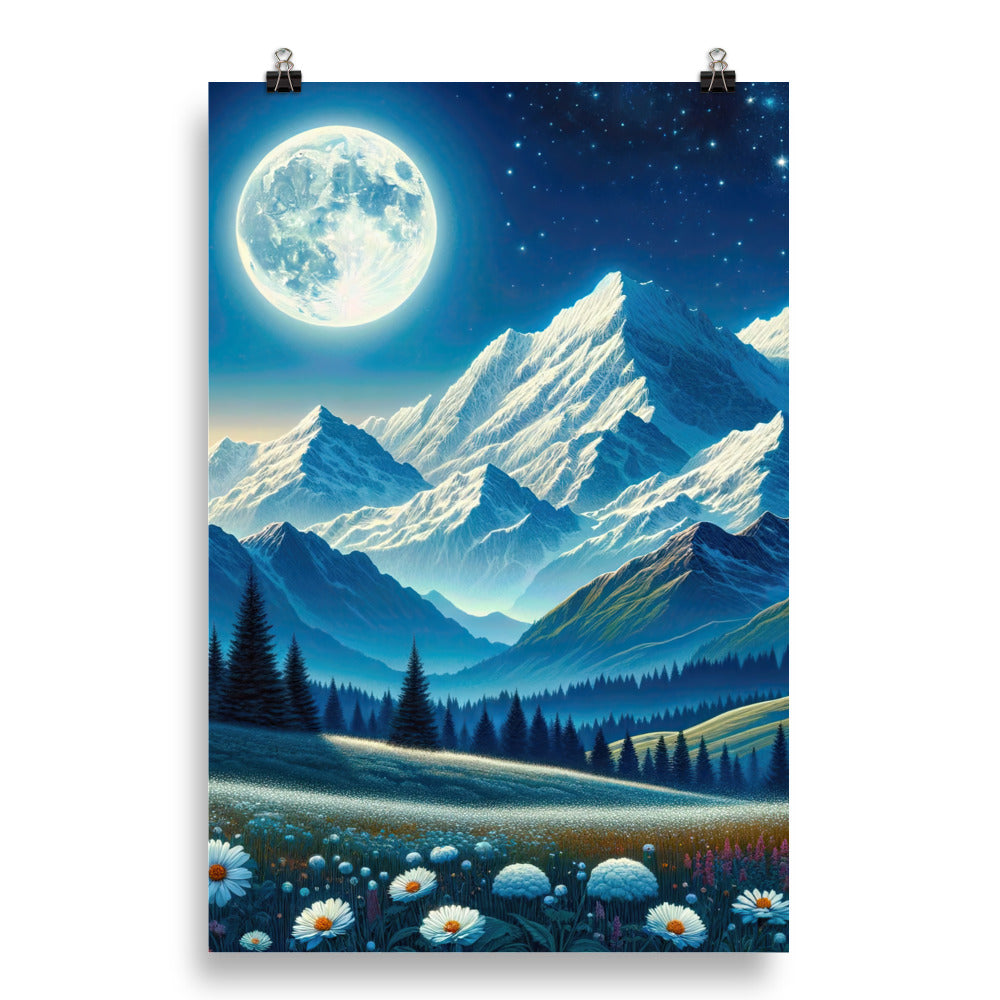 Klare frühlingshafte Alpennacht mit Blumen und Vollmond über Schneegipfeln - Poster berge xxx yyy zzz 50.8 x 76.2 cm