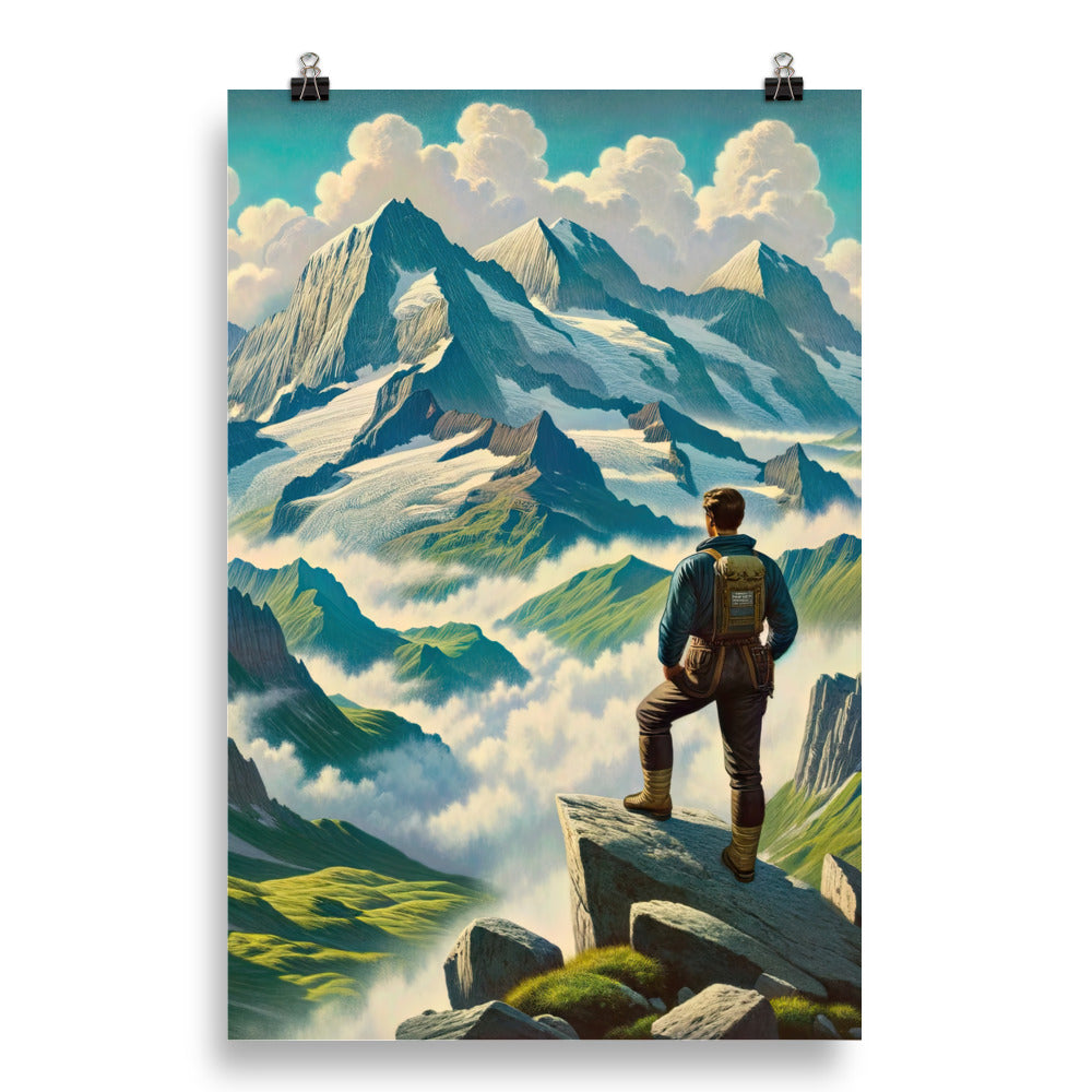 Panoramablick der Alpen mit Wanderer auf einem Hügel und schroffen Gipfeln - Poster wandern xxx yyy zzz 50.8 x 76.2 cm