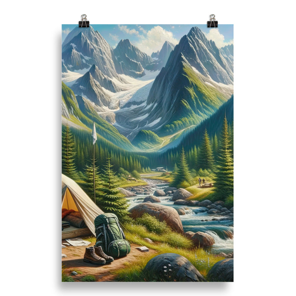 Ölgemälde der Alpensommerlandschaft mit Zelt, Gipfeln, Wäldern und Bächen - Poster camping xxx yyy zzz 50.8 x 76.2 cm