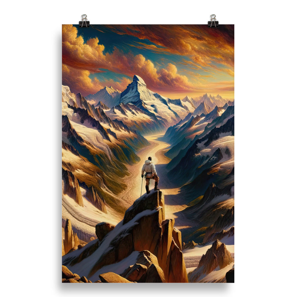 Ölgemälde eines Wanderers auf einem Hügel mit Panoramablick auf schneebedeckte Alpen und goldenen Himmel - Enhanced Matte Paper Poster wandern xxx yyy zzz 50.8 x 76.2 cm