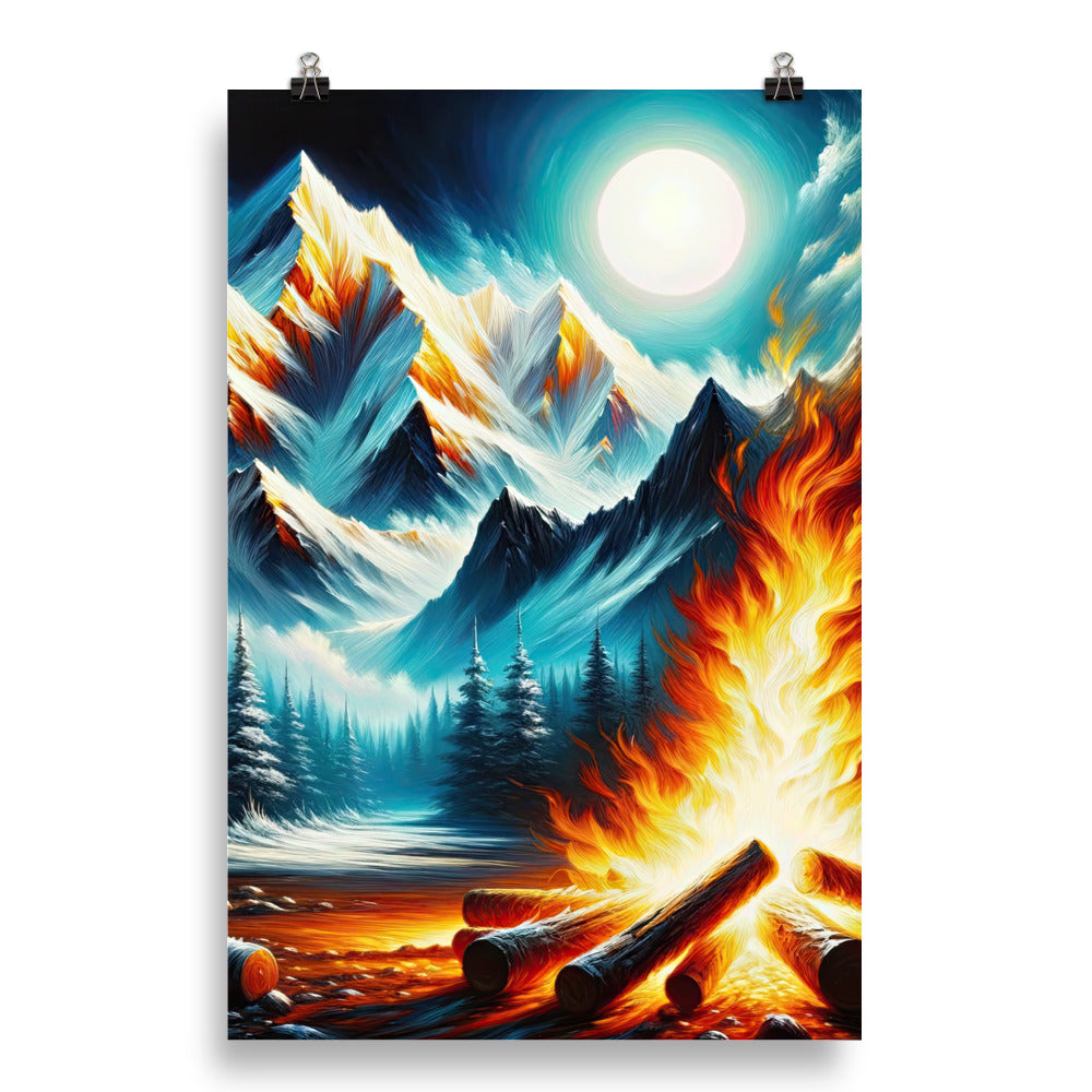 Ölgemälde von Feuer und Eis: Lagerfeuer und Alpen im Kontrast, warme Flammen - Poster camping xxx yyy zzz 50.8 x 76.2 cm