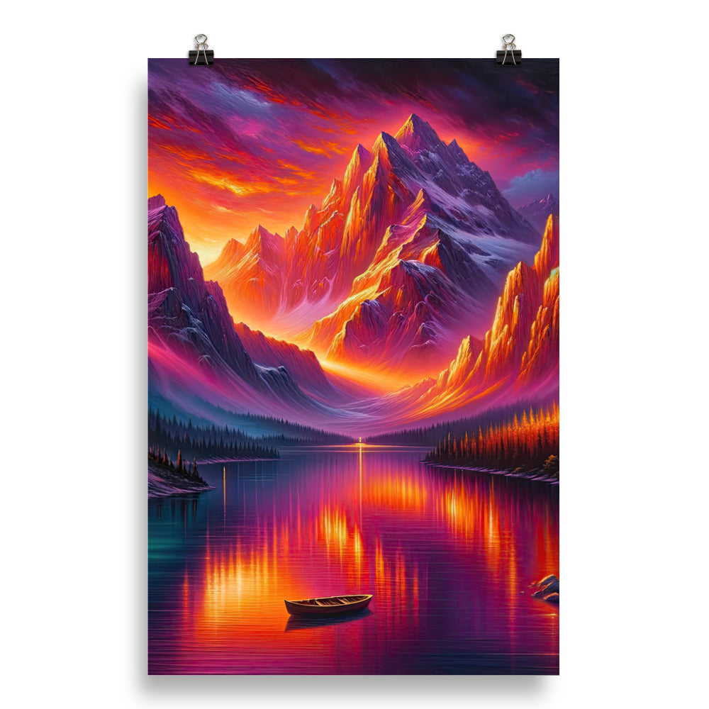 Ölgemälde eines Bootes auf einem Bergsee bei Sonnenuntergang, lebendige Orange-Lila Töne - Poster berge xxx yyy zzz 50.8 x 76.2 cm