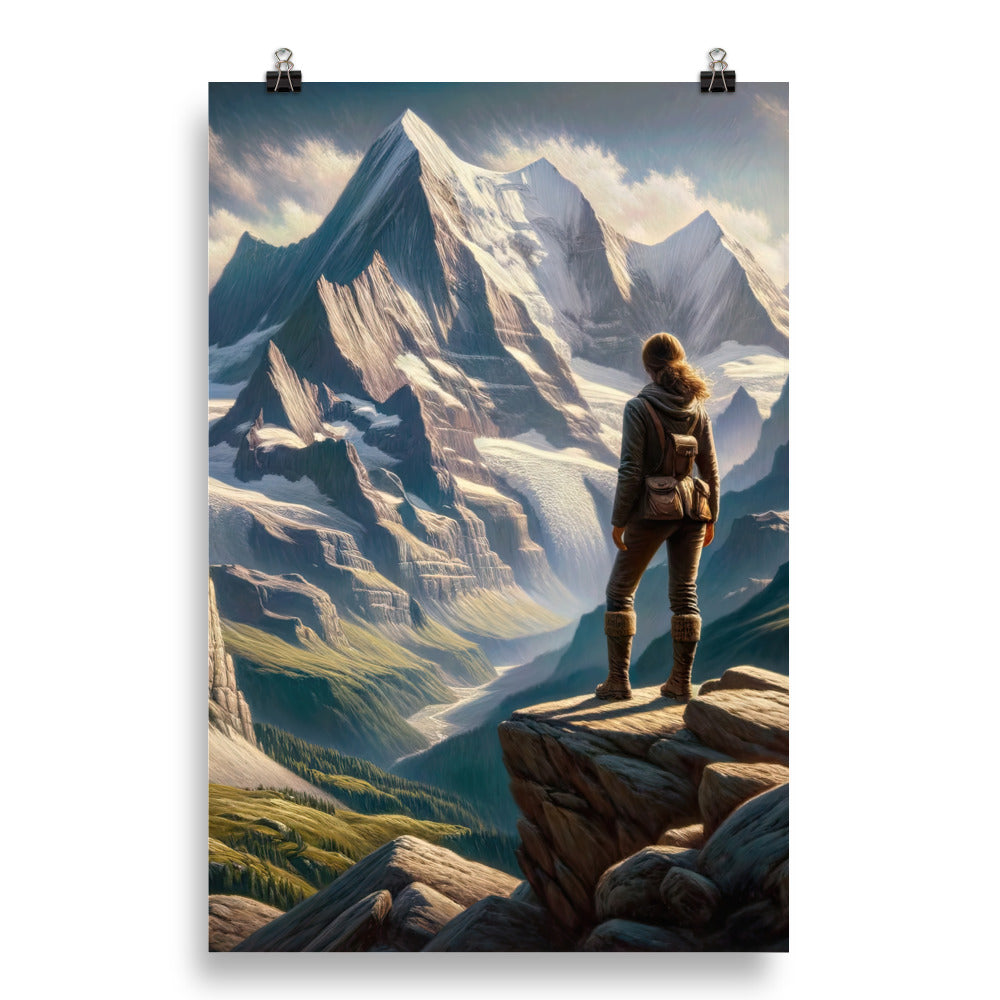 Ölgemälde der Alpengipfel mit Schweizer Abenteurerin auf Felsvorsprung - Poster wandern xxx yyy zzz 50.8 x 76.2 cm
