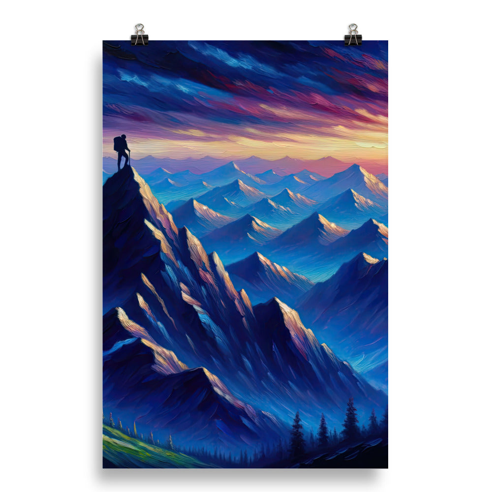 Ölgemälde eines ruhigen Alpenabends mit Bergsteigersilhouette auf dem Gipfel - Poster wandern xxx yyy zzz 50.8 x 76.2 cm