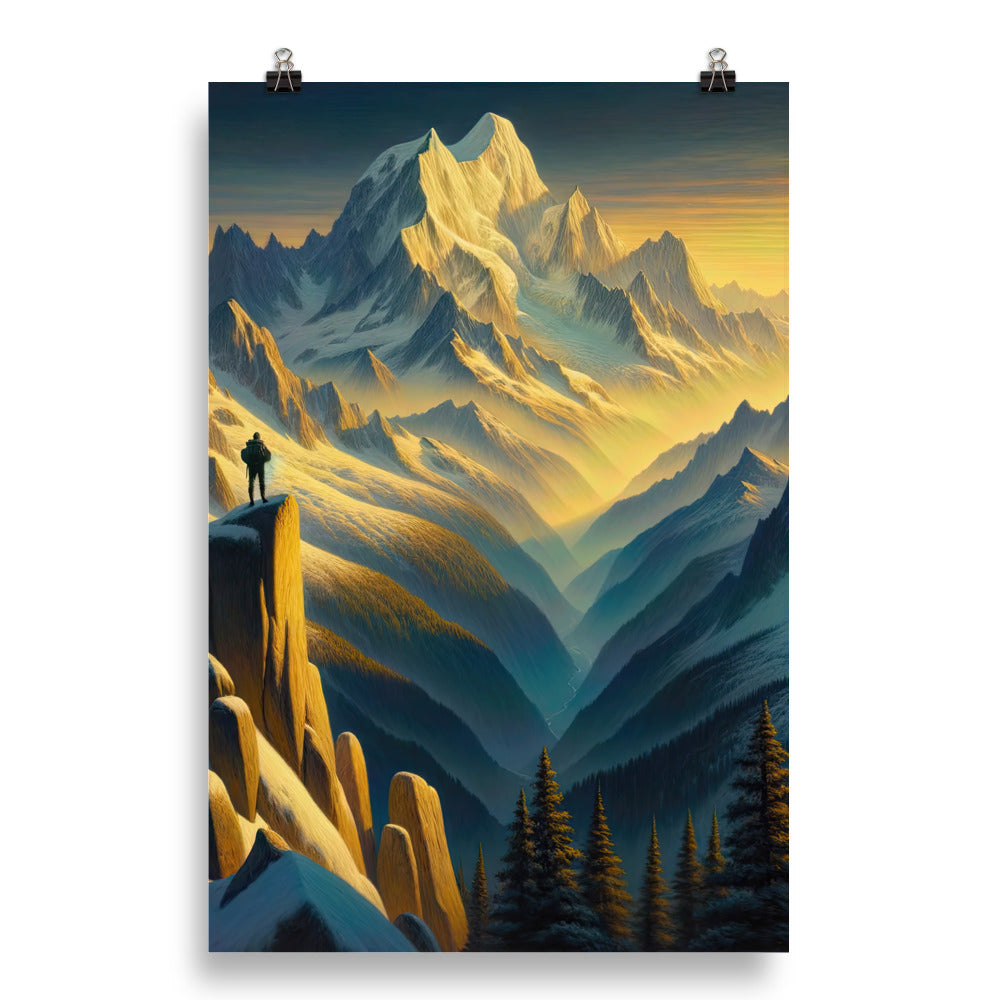 Ölgemälde eines Wanderers bei Morgendämmerung auf Alpengipfeln mit goldenem Sonnenlicht - Poster wandern xxx yyy zzz 50.8 x 76.2 cm