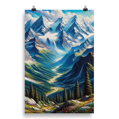 Panorama-Ölgemälde der Alpen mit schneebedeckten Gipfeln und schlängelnden Flusstälern - Poster berge xxx yyy zzz 50.8 x 76.2 cm