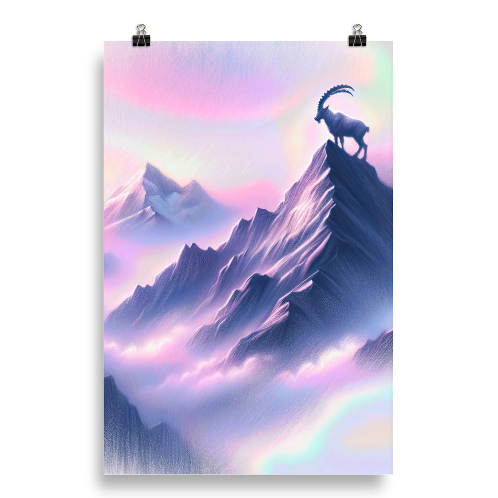 Pastellzeichnung der Alpen im Morgengrauen mit Steinbock in Rosa- und Lavendeltönen - Poster berge xxx yyy zzz 50.8 x 76.2 cm