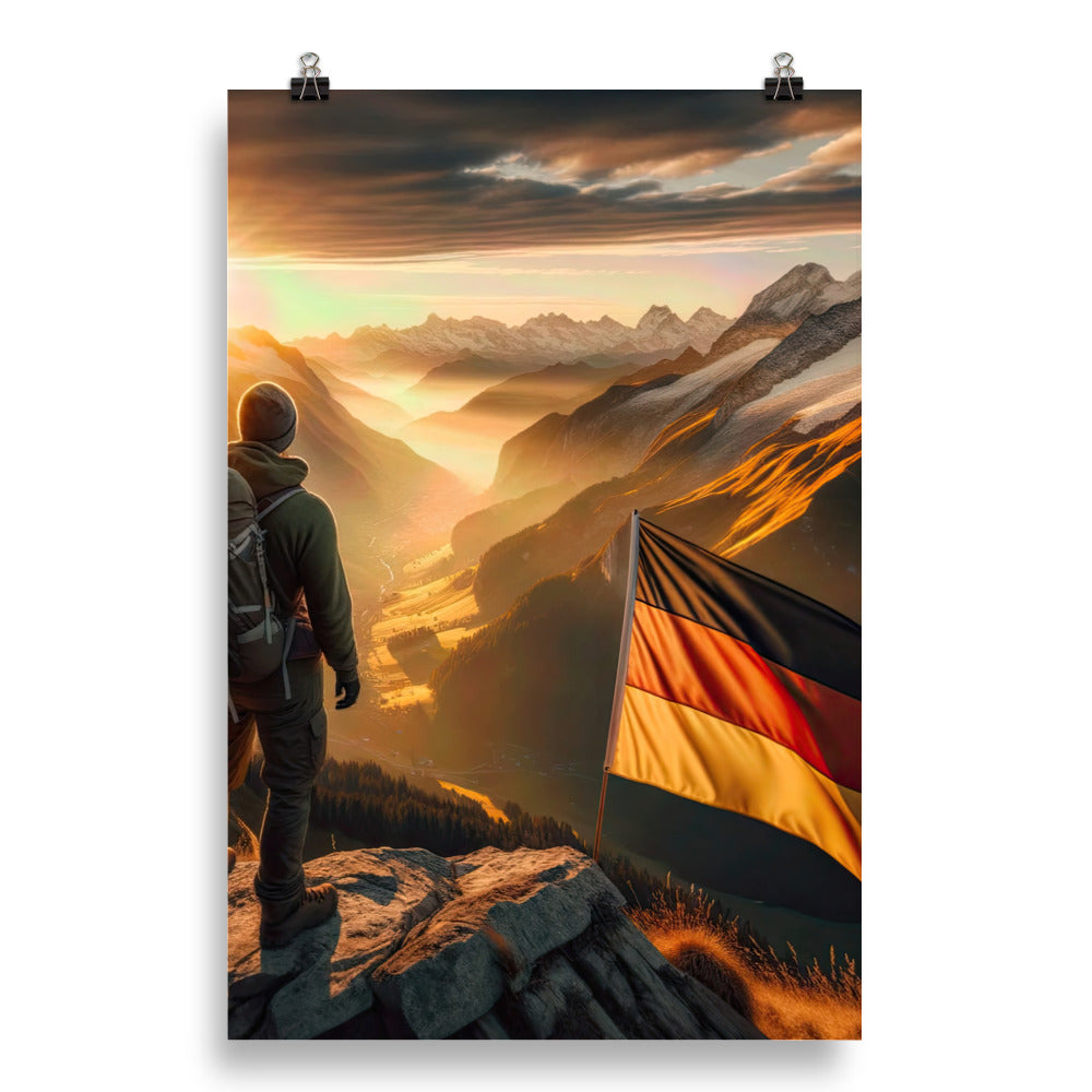 Foto der Alpen bei Sonnenuntergang mit deutscher Flagge und Wanderer, goldenes Licht auf Schneegipfeln - Enhanced Matte Paper Poster berge xxx yyy zzz 50.8 x 76.2 cm