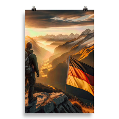 Foto der Alpen bei Sonnenuntergang mit deutscher Flagge und Wanderer, goldenes Licht auf Schneegipfeln - Enhanced Matte Paper Poster berge xxx yyy zzz 50.8 x 76.2 cm