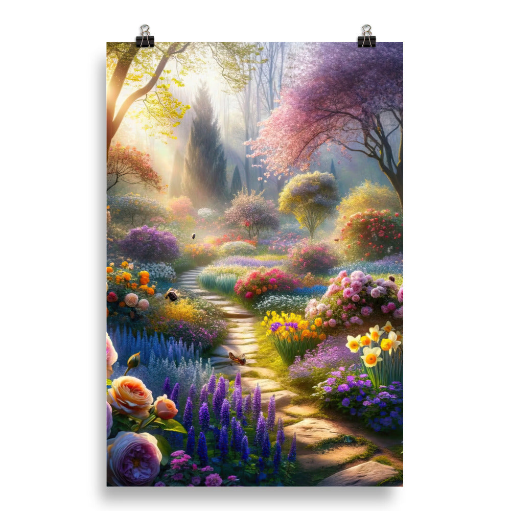 Foto einer Gartenszene im Frühling mit Weg durch blühende Rosen und Veilchen - Poster camping xxx yyy zzz 50.8 x 76.2 cm