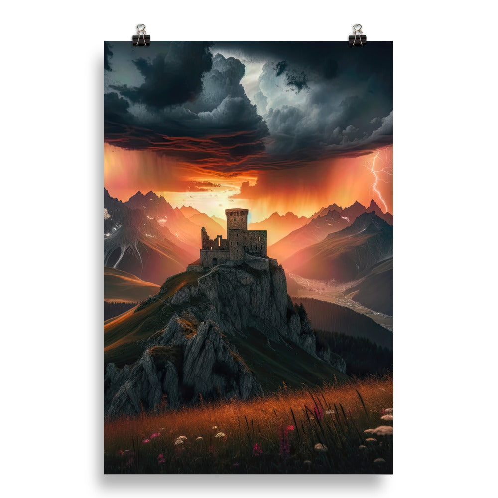 Foto einer Alpenburg bei stürmischem Sonnenuntergang, dramatische Wolken und Sonnenstrahlen - Poster berge xxx yyy zzz 50.8 x 76.2 cm