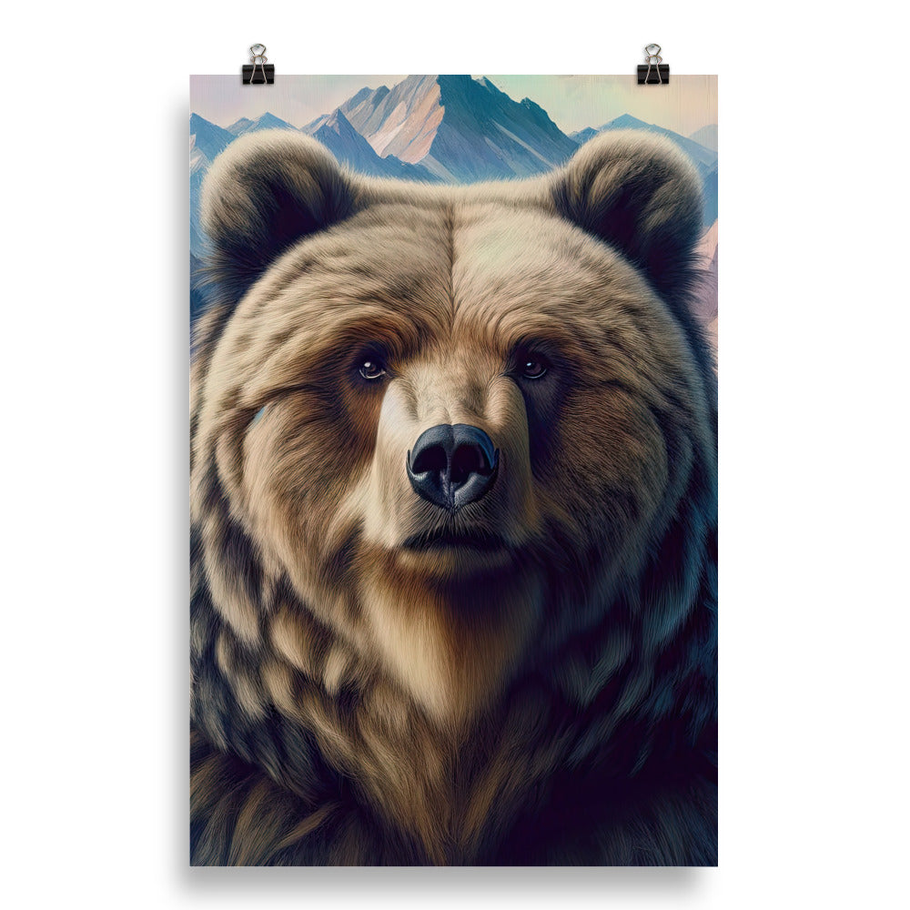 Foto eines Bären vor abstrakt gemalten Alpenbergen, Oberkörper im Fokus - Poster camping xxx yyy zzz 50.8 x 76.2 cm