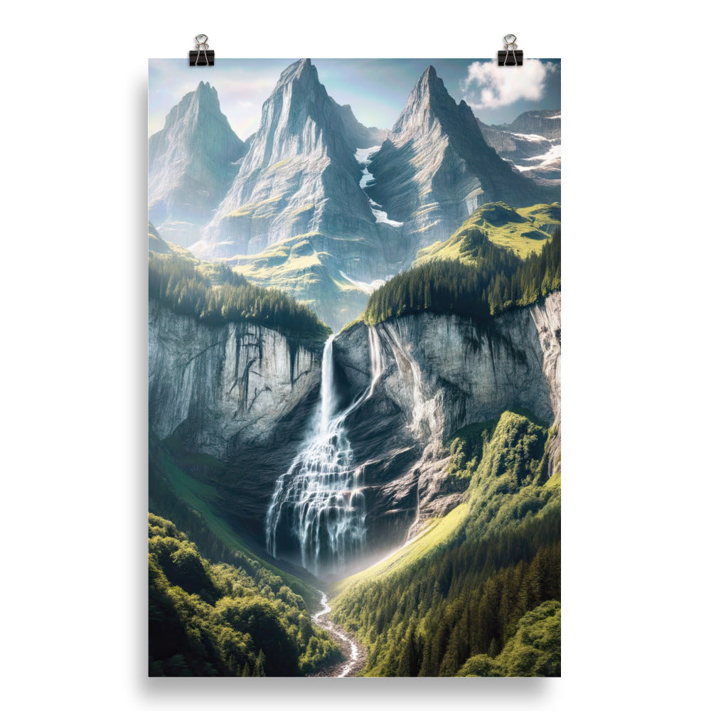 Foto der sommerlichen Alpen mit üppigen Gipfeln und Wasserfall - Poster berge xxx yyy zzz 50.8 x 76.2 cm