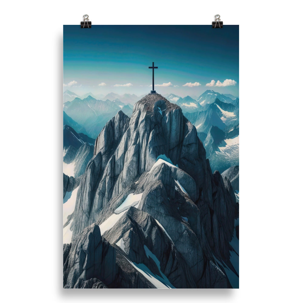Foto der Alpen mit Gipfelkreuz an einem klaren Tag, schneebedeckte Spitzen vor blauem Himmel - Poster berge xxx yyy zzz 50.8 x 76.2 cm
