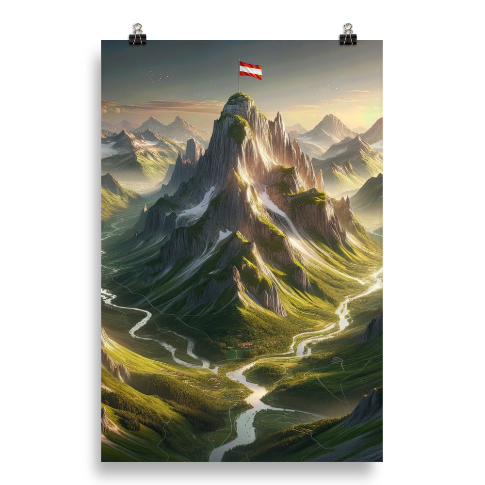 Fotorealistisches Bild der Alpen mit österreichischer Flagge, scharfen Gipfeln und grünen Tälern - Poster berge xxx yyy zzz 50.8 x 76.2 cm