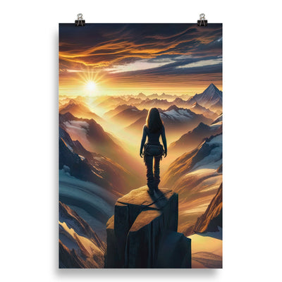 Fotorealistische Darstellung der Alpen bei Sonnenaufgang, Wanderin unter einem gold-purpurnen Himmel - Poster wandern xxx yyy zzz 50.8 x 76.2 cm