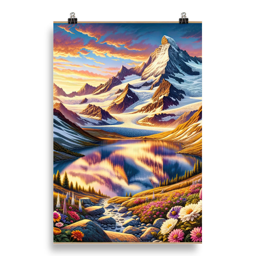 Quadratische Illustration der Alpen mit schneebedeckten Gipfeln und Wildblumen - Poster berge xxx yyy zzz 50.8 x 76.2 cm
