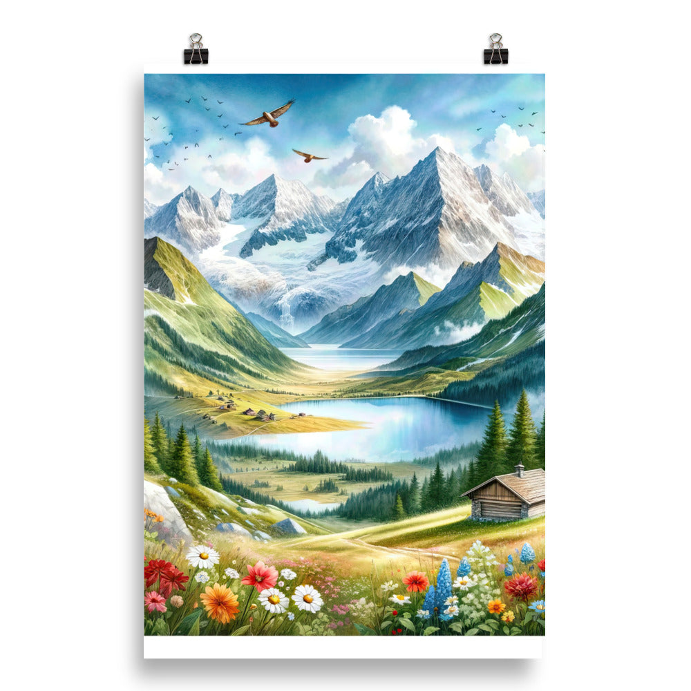 Quadratisches Aquarell der Alpen, Berge mit schneebedeckten Spitzen - Poster berge xxx yyy zzz 50.8 x 76.2 cm