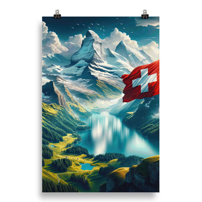 Ultraepische, fotorealistische Darstellung der Schweizer Alpenlandschaft mit Schweizer Flagge - Poster berge xxx yyy zzz 50.8 x 76.2 cm