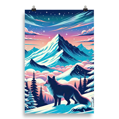 Vektorgrafik eines alpinen Winterwunderlandes mit schneebedeckten Kiefern und einem Fuchs - Poster camping xxx yyy zzz 50.8 x 76.2 cm