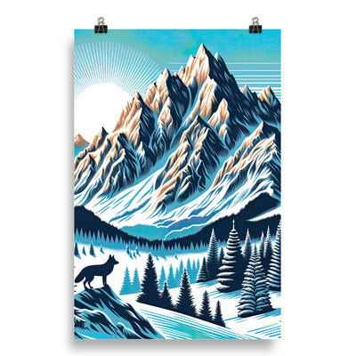 Vektorgrafik eines Wolfes im winterlichen Alpenmorgen, Berge mit Schnee- und Felsmustern - Poster berge xxx yyy zzz 50.8 x 76.2 cm