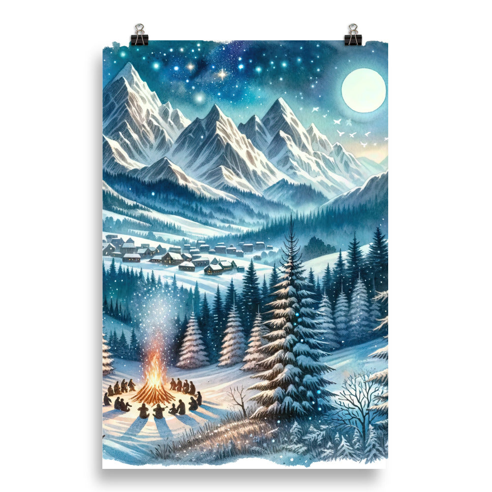 Aquarell eines Winterabends in den Alpen mit Lagerfeuer und Wanderern, glitzernder Neuschnee - Poster camping xxx yyy zzz 50.8 x 76.2 cm
