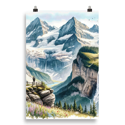 Aquarell-Panoramablick der Alpen mit schneebedeckten Gipfeln, Wasserfällen und Wanderern - Poster wandern xxx yyy zzz 50.8 x 76.2 cm