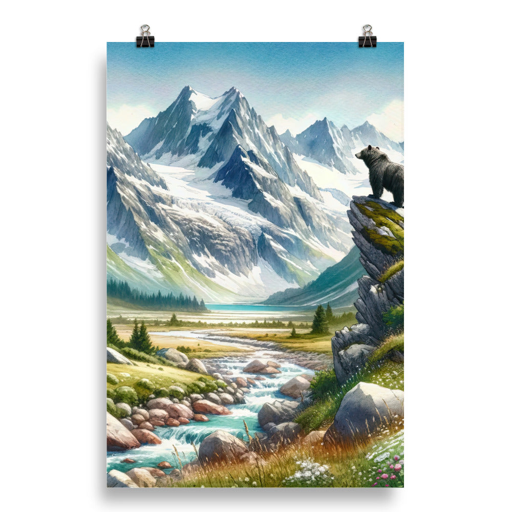 Aquarellmalerei eines Bären und der sommerlichen Alpenschönheit mit schneebedeckten Ketten - Poster camping xxx yyy zzz 50.8 x 76.2 cm