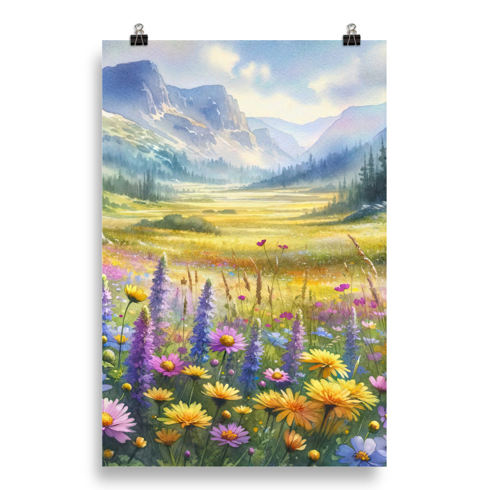 Aquarell einer Almwiese in Ruhe, Wildblumenteppich in Gelb, Lila, Rosa - Poster berge xxx yyy zzz 50.8 x 76.2 cm