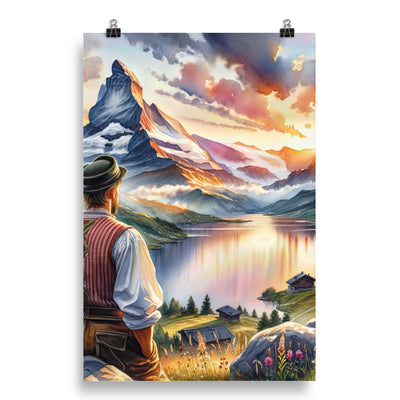 Aquarell einer Berglandschaft in der goldenen Stunde mit österreichischem Wanderer - Poster wandern xxx yyy zzz 50.8 x 76.2 cm