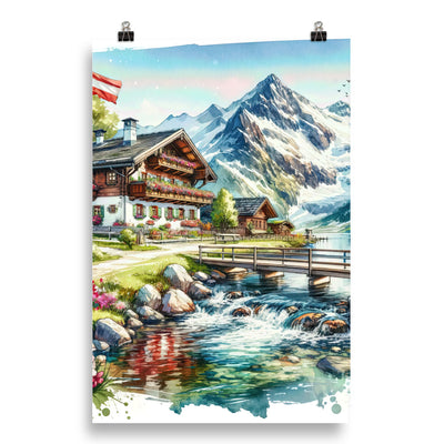 Aquarell der frühlingshaften Alpenkette mit österreichischer Flagge und schmelzendem Schnee - Poster berge xxx yyy zzz 50.8 x 76.2 cm