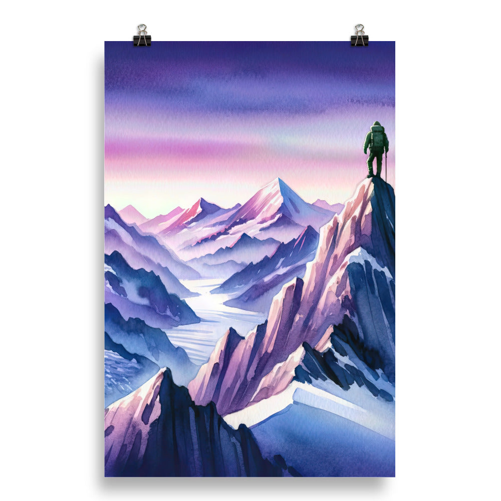 Aquarell eines Bergsteigers auf einem Alpengipfel in der Abenddämmerung - Poster wandern xxx yyy zzz 50.8 x 76.2 cm