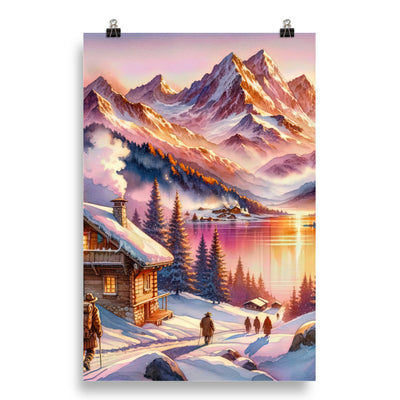 Aquarell eines Alpenpanoramas mit Wanderern bei Sonnenuntergang in Rosa und Gold - Poster wandern xxx yyy zzz 50.8 x 76.2 cm
