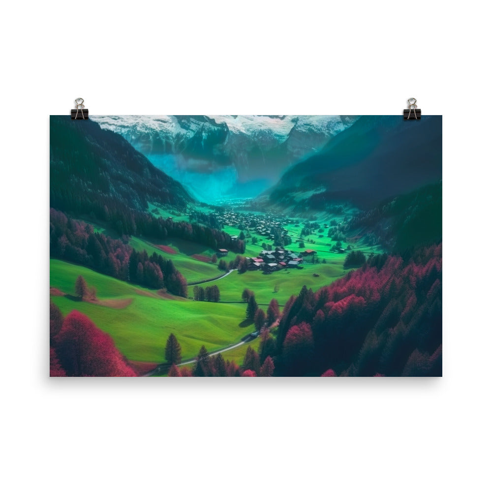 Berglandschaft und Dorf - Fotorealistische Malerei - Poster berge xxx 61 x 91.4 cm